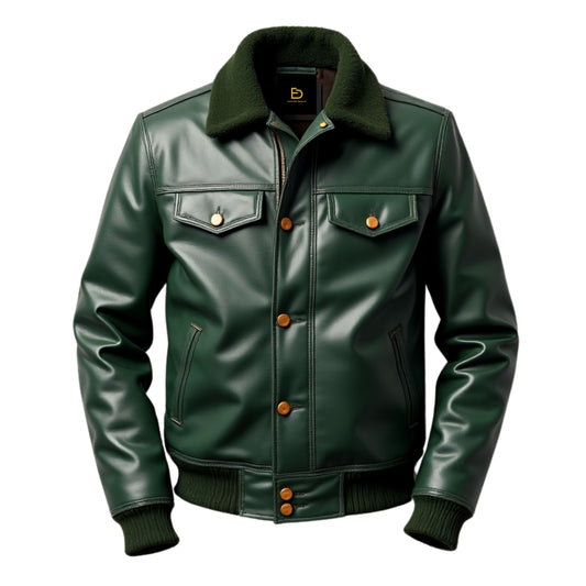 Men's Green Leather Aviator Jacket with Shearling Collar