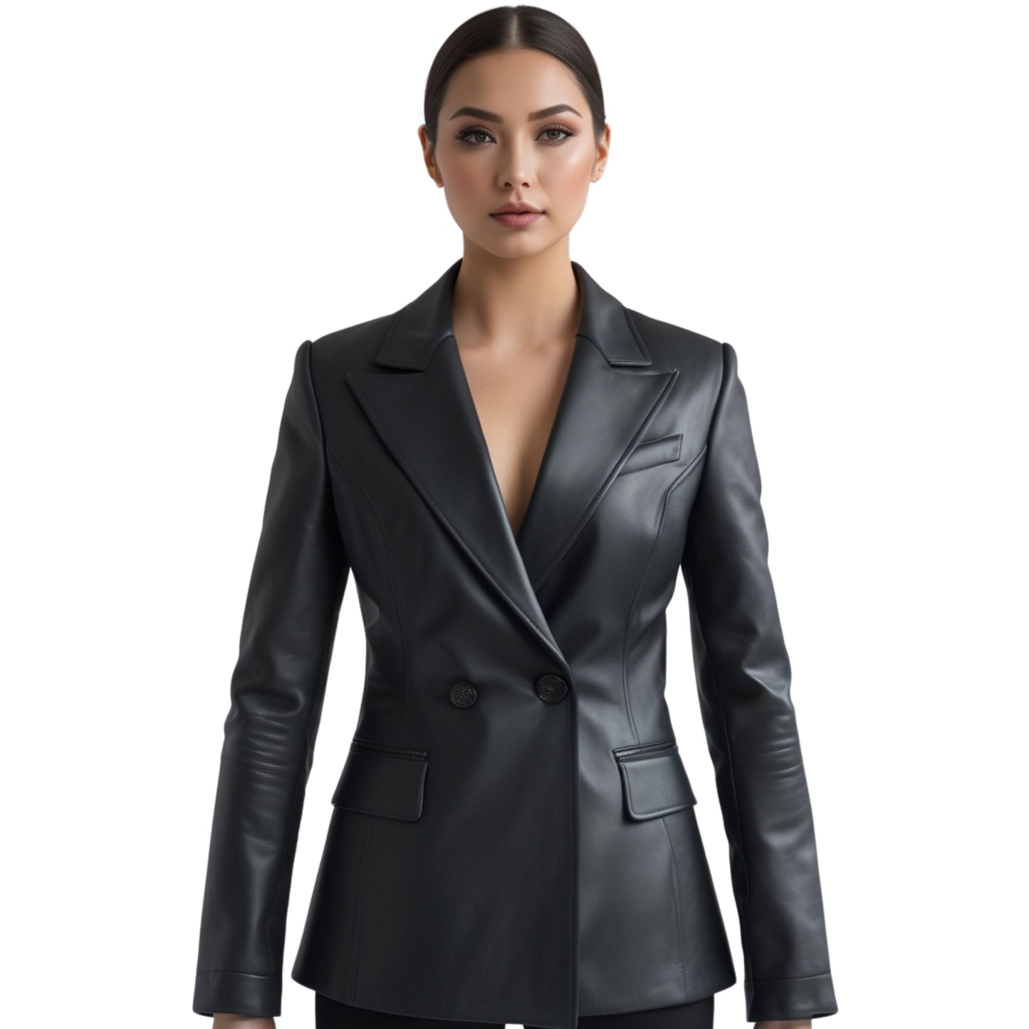 Black Real Leather Double Breasted Blazer Jacket, Slim Fit Office Style Coat