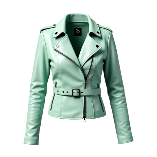 Mint Green Leather Biker Jacket: Belted Moto Style, Fitted Waist Zipper Pockets