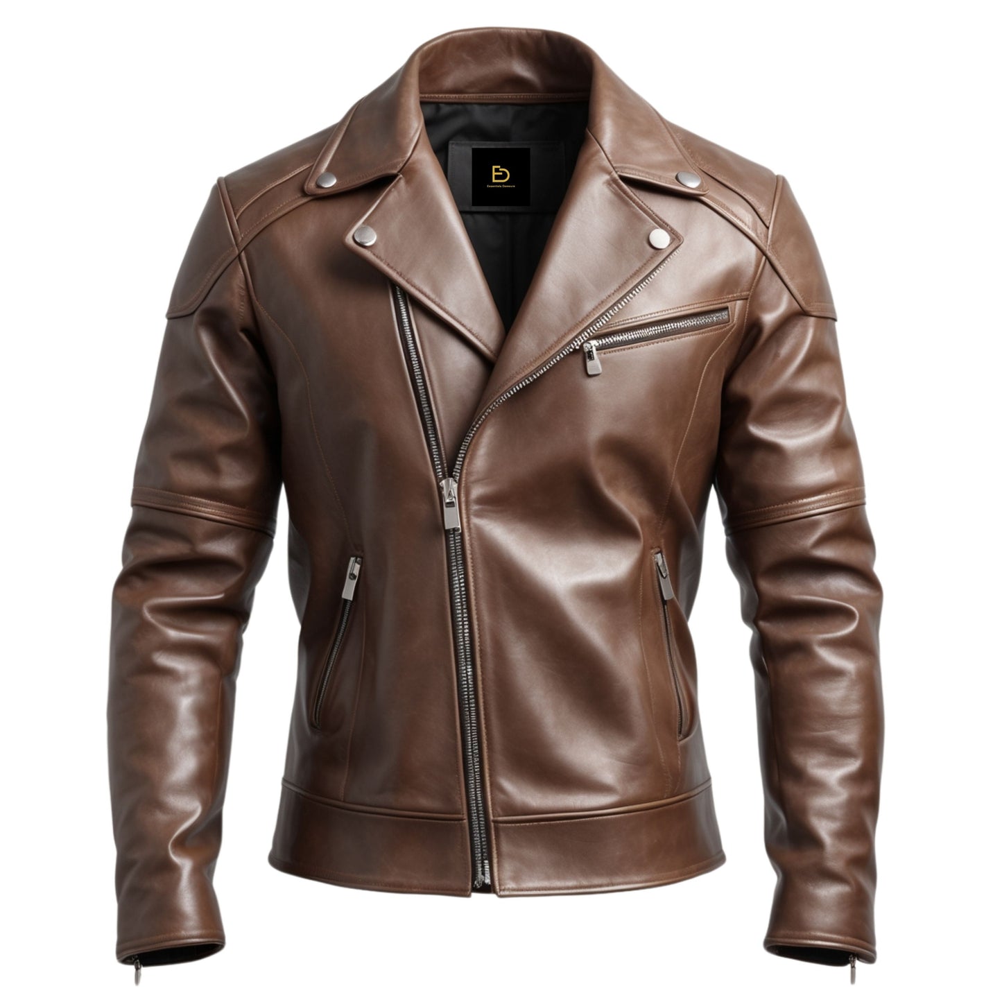 Men's Brown Leather Biker Jacket – Asymmetrical Zip, Tailored Fit, Modern Lapel
