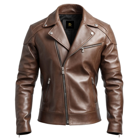 Men's Brown Leather Biker Jacket – Asymmetrical Zip, Tailored Fit, Modern Lapel