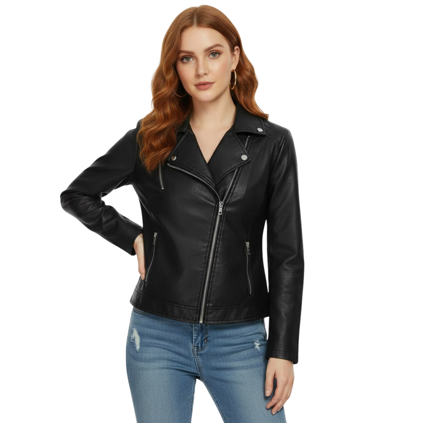 Women's Real Leather Biker Jacket: Black Moto Style, Slim Fit