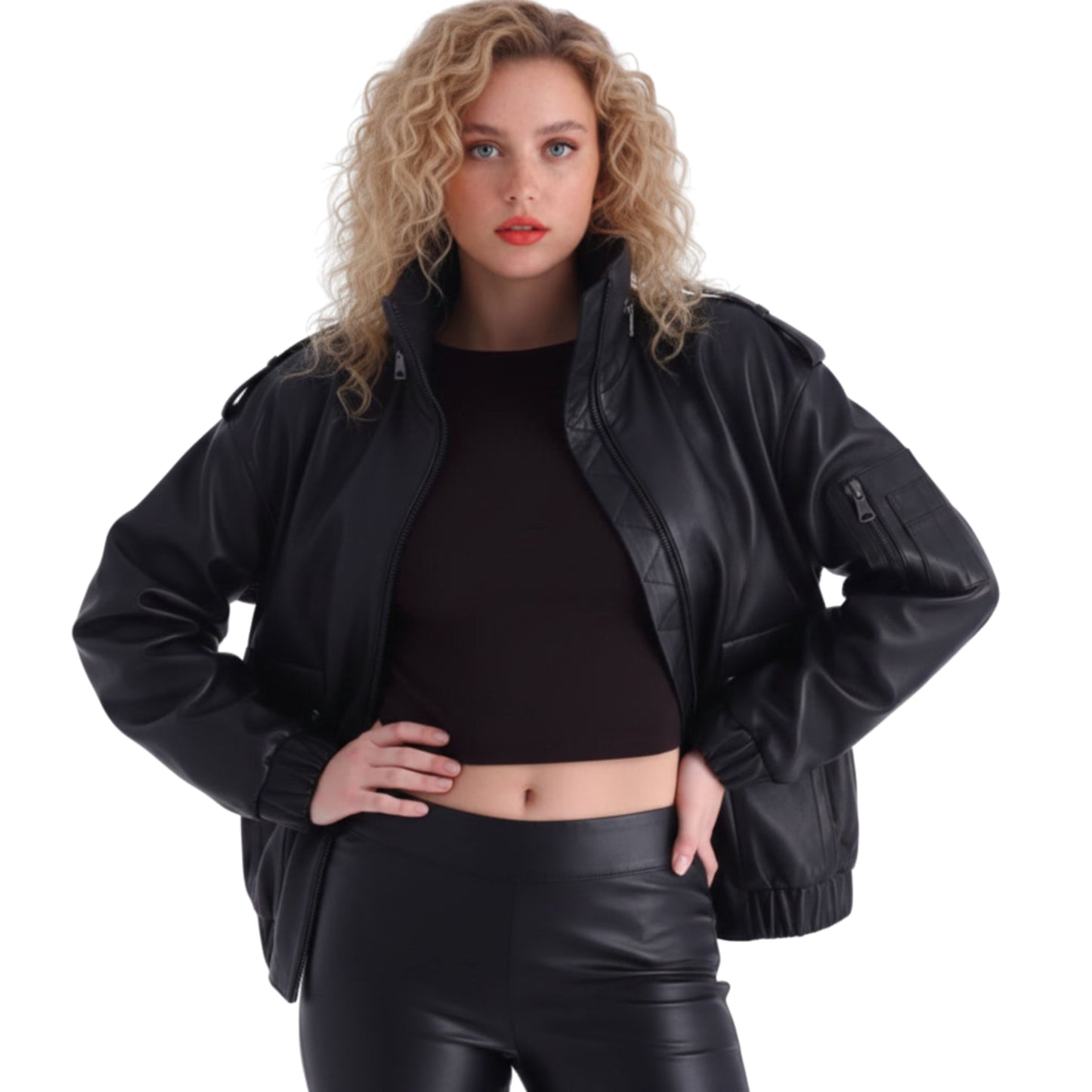 Black Leather Oversized Bomber Jacket: Quilted Utility Style Zip Pockets Elastic Hem