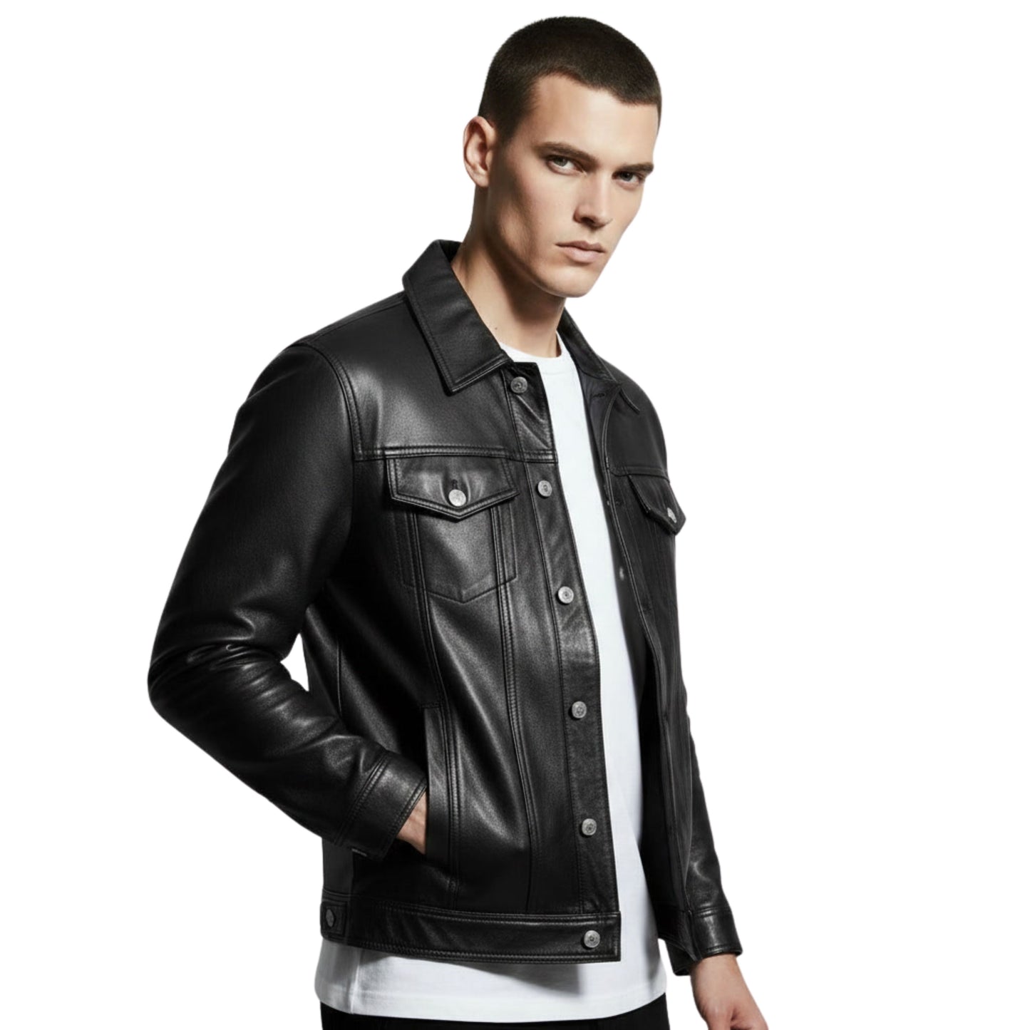 Men's Black Leather Trucker Jacket: Western Style, Slim Fit Snap-Button Coat
