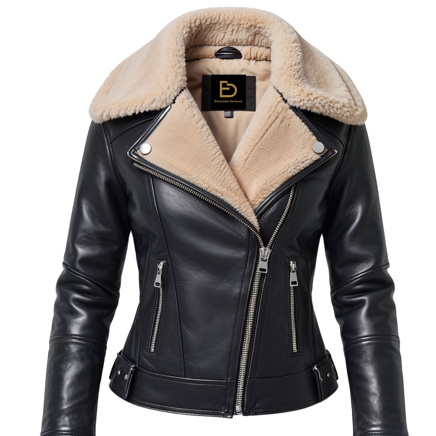 Black Real Leather Biker Jacket with Cream Shearling Collar, Asymmetric Zip, Belted Hem