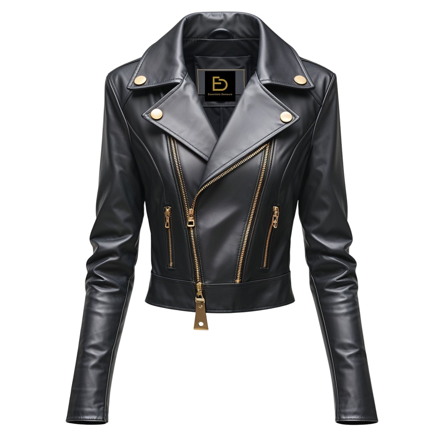 Womens Black Leather Cropped Moto Jacket with Gold Zippers – Biker Style Coat