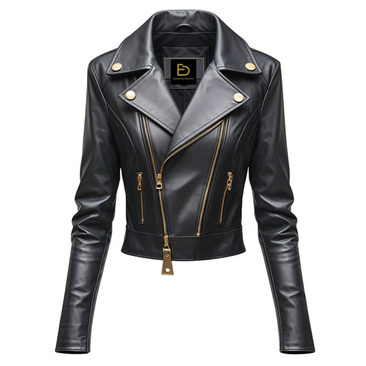 Womens Black Leather Cropped Moto Jacket with Gold Zippers – Biker Style Coat