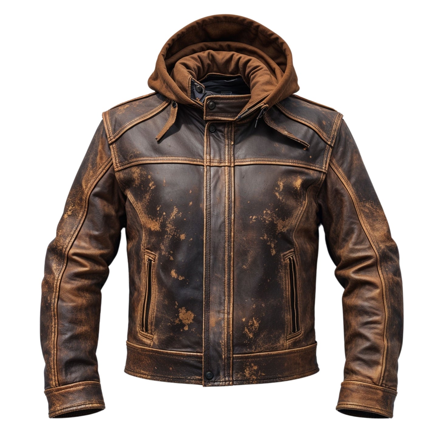 Vintage Brown Distressed Leather Jacket Men Hood Rugged Design Multiple Pockets Versatile Everyday Style
