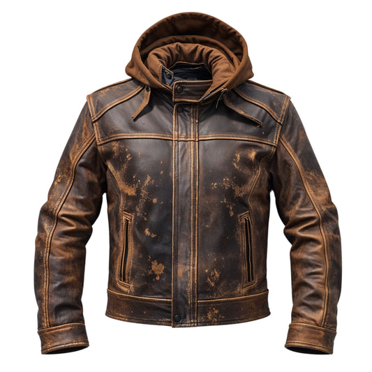 Vintage Brown Distressed Leather Jacket Men Hood Rugged Design Multiple Pockets Versatile Everyday Style