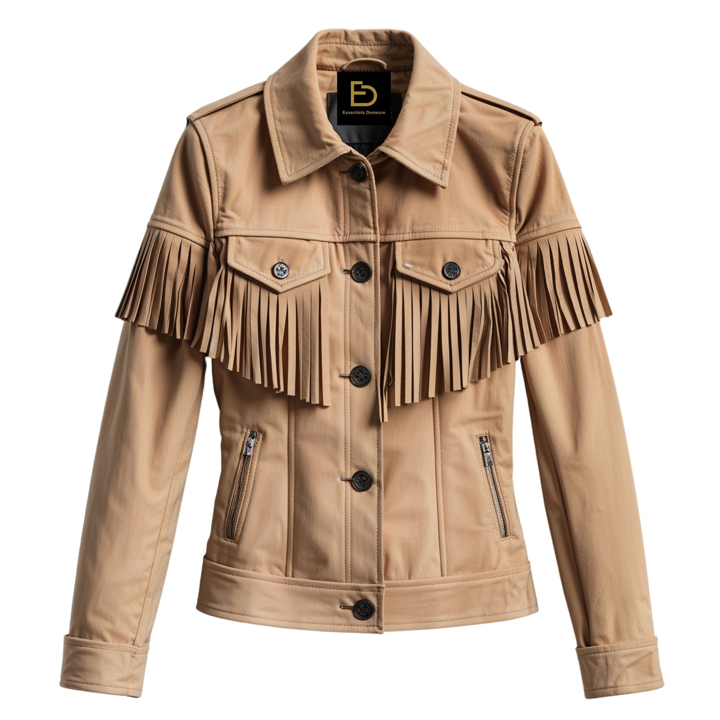 Camel Leather Fringe Jacket: Western Cowgirl Button Front Outerwear