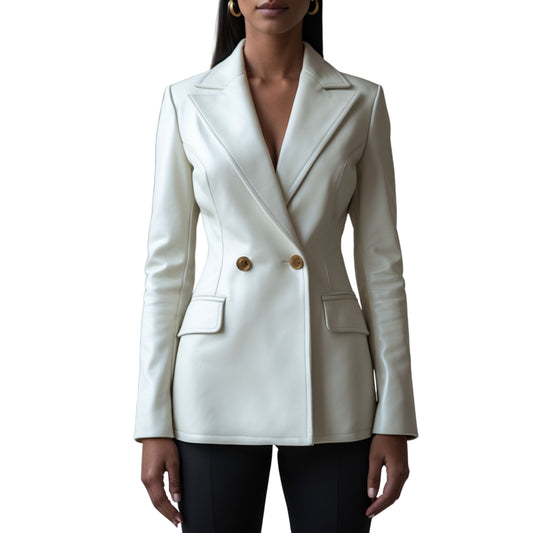 Ivory White Genuine Leather Double-Breasted Blazer with Gold Buttons
