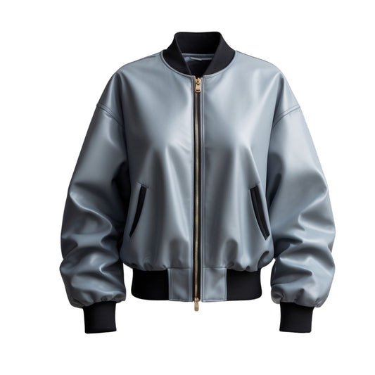 Women's Steel Grey Genuine Leather Bomber Jacket with Gold Zip – Oversized Streetwear Coat
