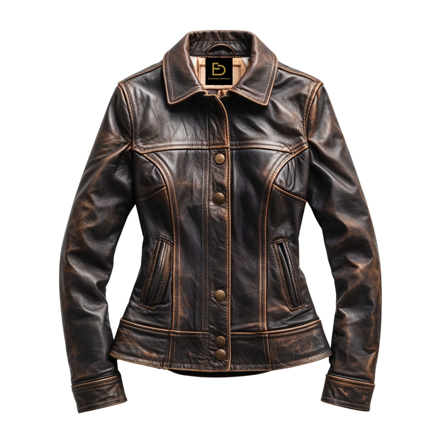 Womens distressed brown real leather trucker jacket tailored waist casual shirt collar vintage inspired