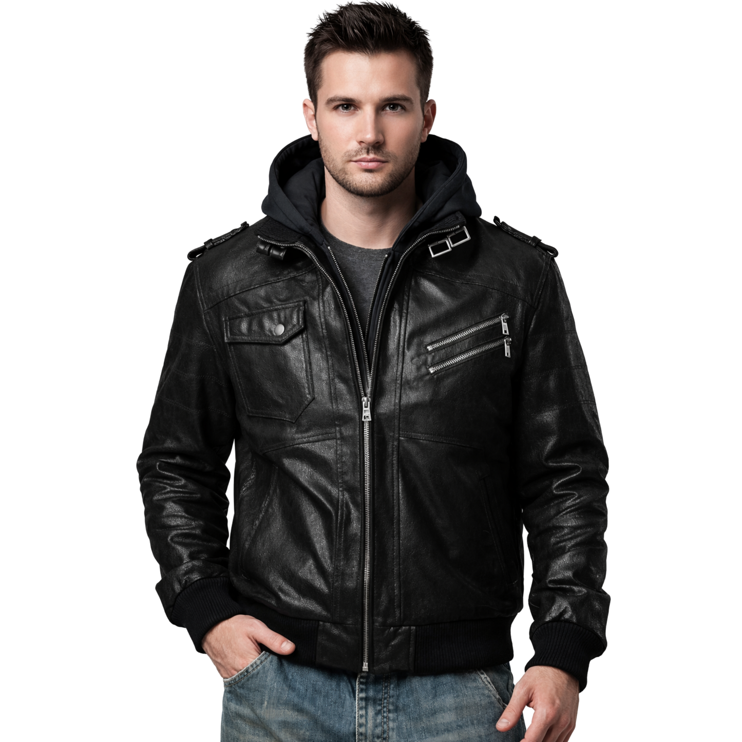 Mens Black Sheepskin Leather Bomber Jacket: Moto Biker with Removable Hood