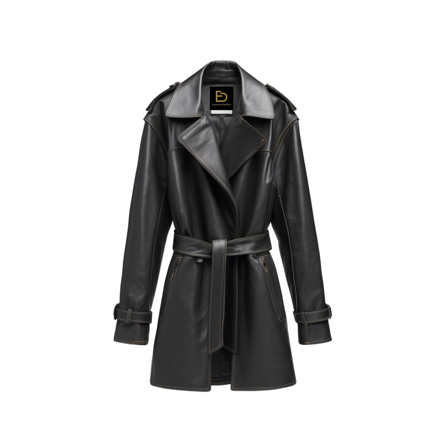 Black Leather Trench Coat: Belted Moto Biker Overcoat with Wide Lapels