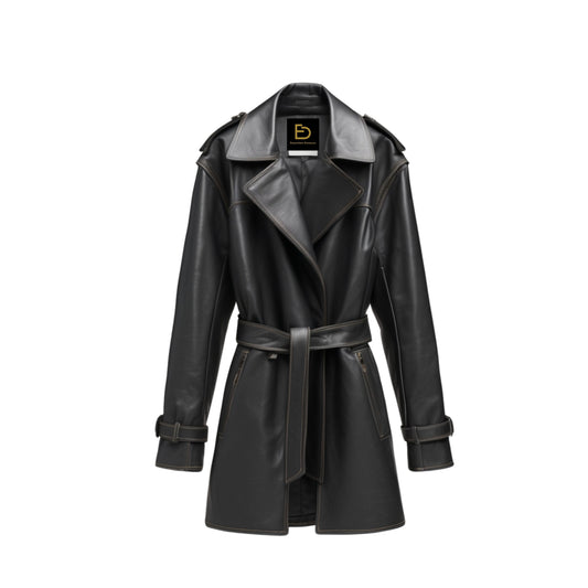 Black Leather Trench Coat: Belted Moto Biker Overcoat with Wide Lapels
