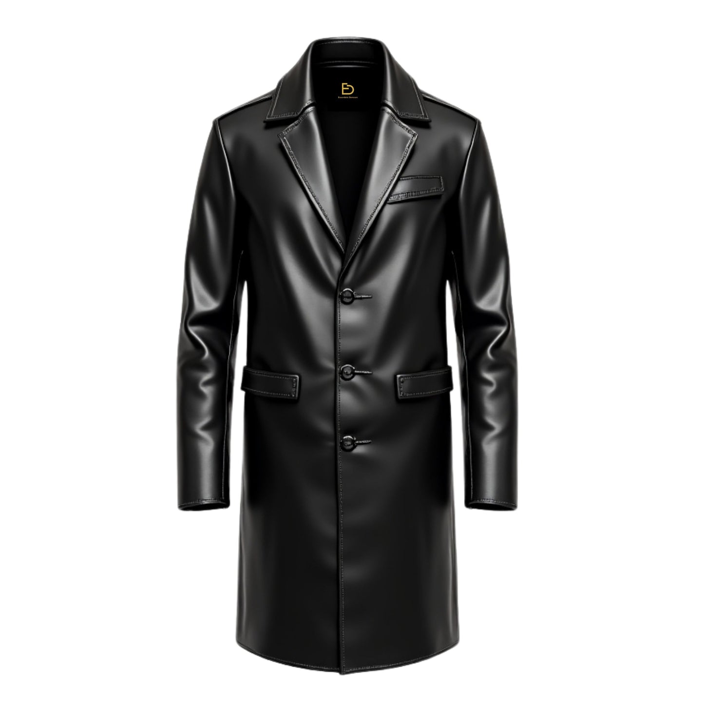 Men's Black Leather Long Coat: Modern Notched Lapel Winter Wear