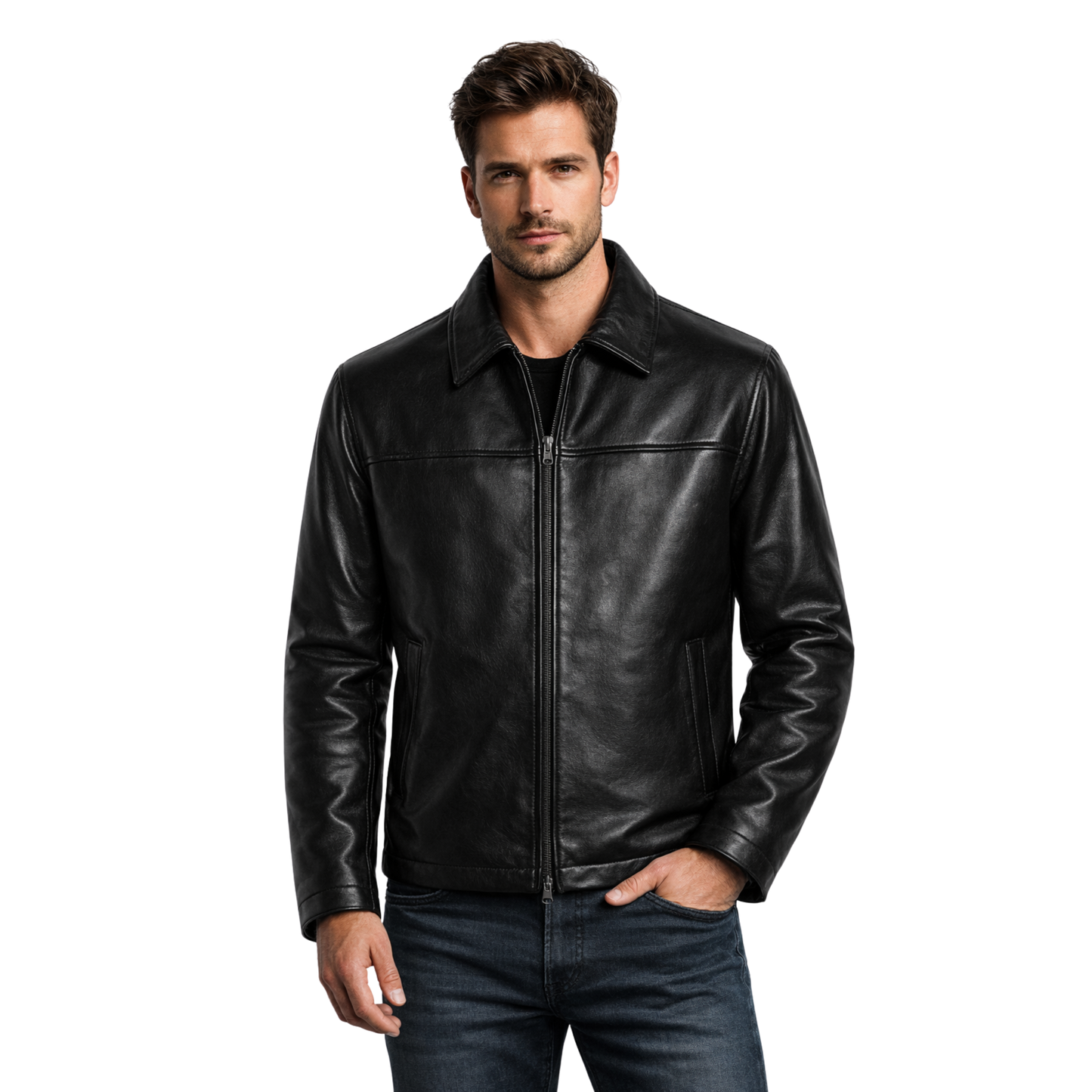 Men's Black Leather Jacket, Slim Fit Biker Style