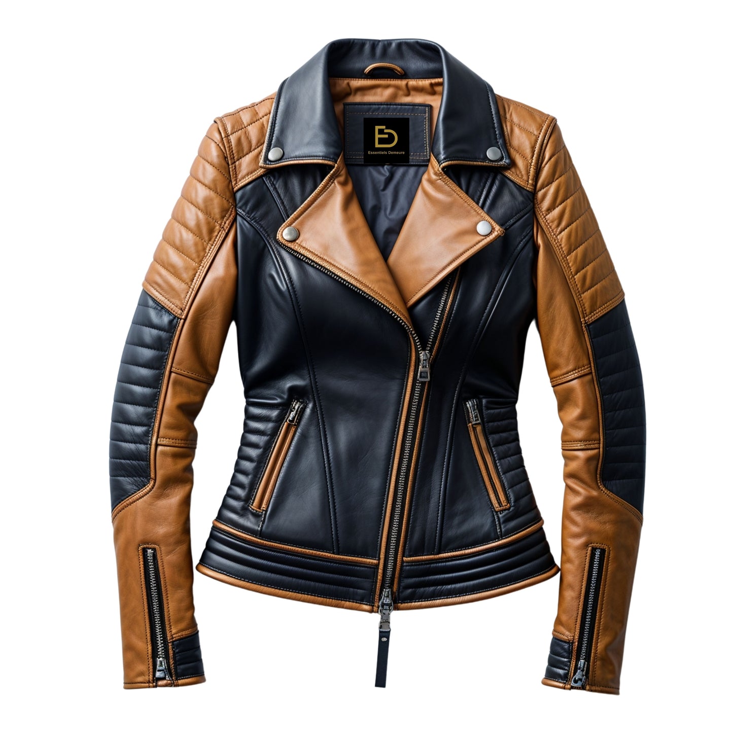 Women's Two-Tone Real Leather Biker Jacket – Asymmetric Zip, Quilted Shoulder, Slim Fit