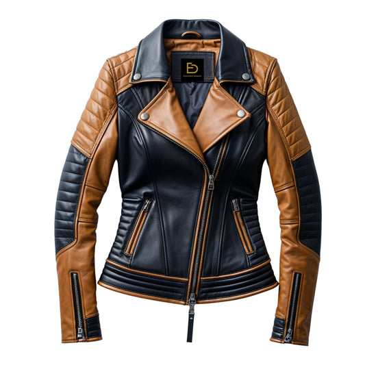 Women's Two-Tone Real Leather Biker Jacket – Asymmetric Zip, Quilted Shoulder, Slim Fit