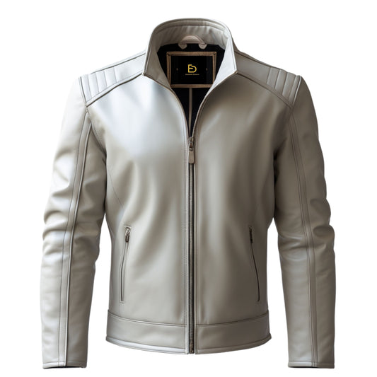 Men's Light Grey Real Leather Jacket: Modern Stand Collar Slim Fit Wear