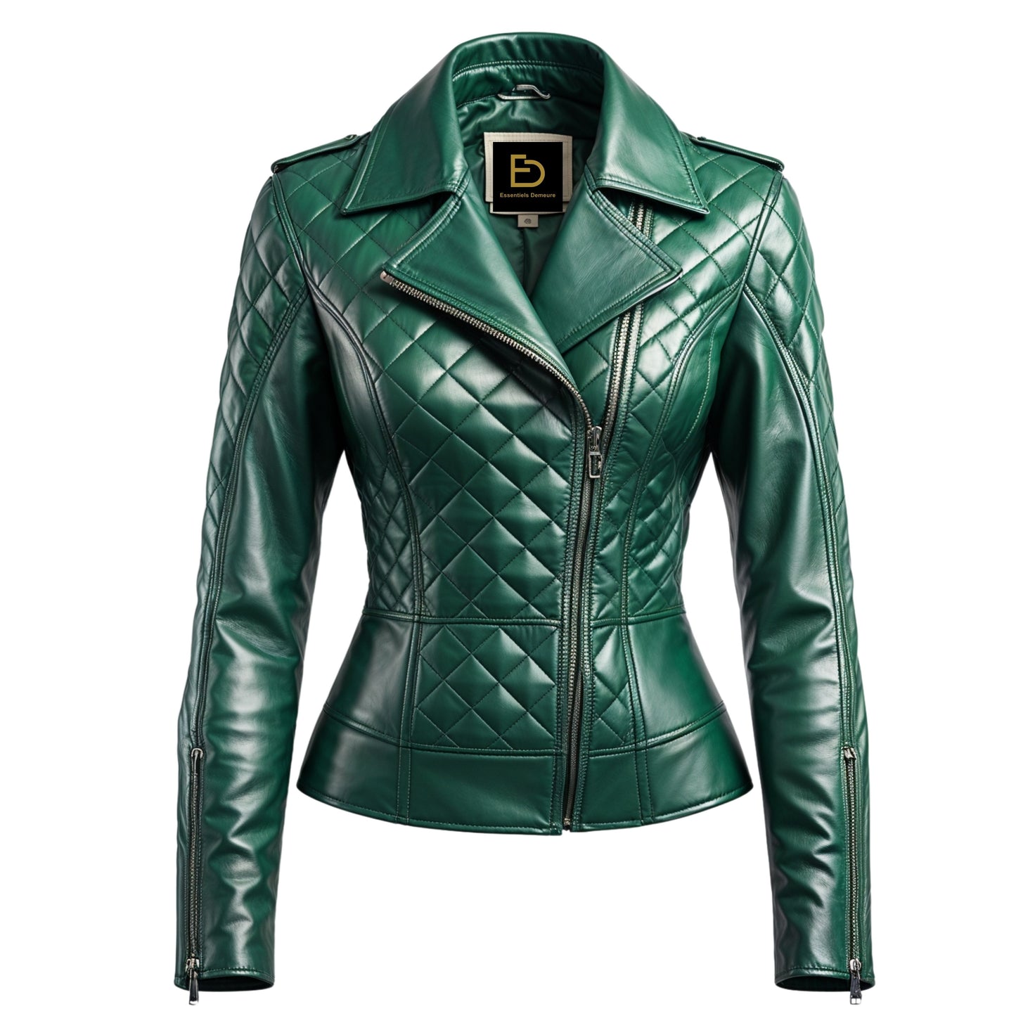 Women Real Leather Green Quilted Moto Jacket Fitted Zip Front Tailored Waist Statement Outerwear