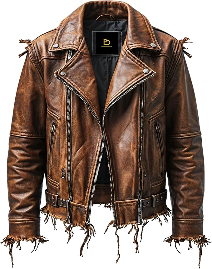 Men Distressed Brown Leather Biker Jacket Frayed Edges Belted Waist Edgy Modern Premium Elegant Stylish