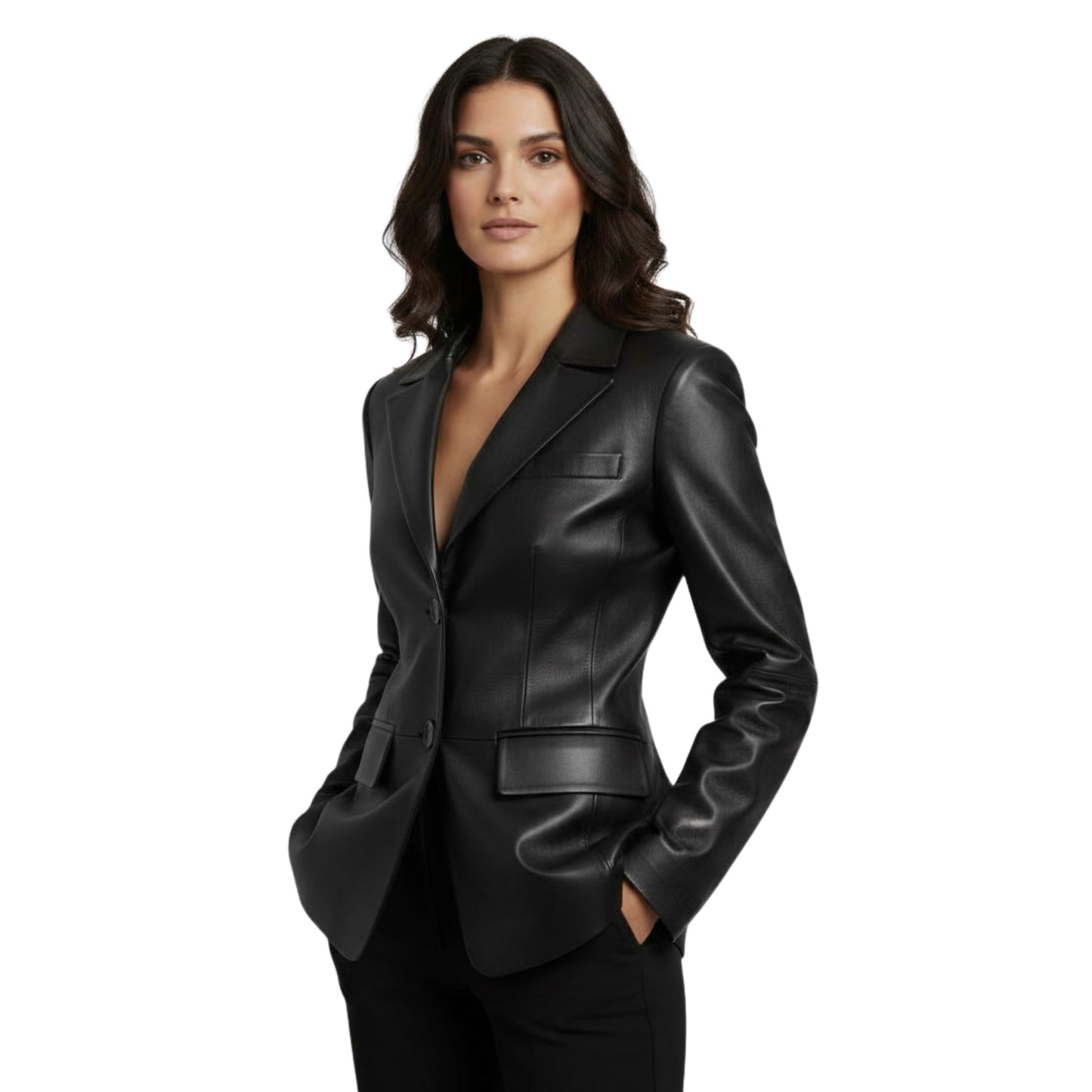 Women's Black Leather Blazer, Tailored Fit, Two-Button Notch Lapel