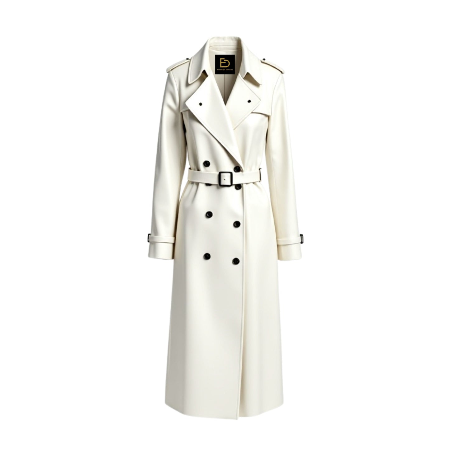 Cream White Real Leather Double Breasted Trench Coat – Long Belted Overcoat Jacket