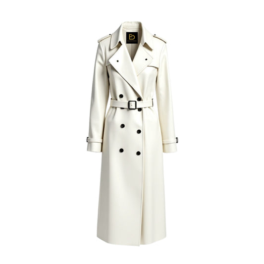 Cream White Real Leather Double Breasted Trench Coat – Long Belted Overcoat Jacket