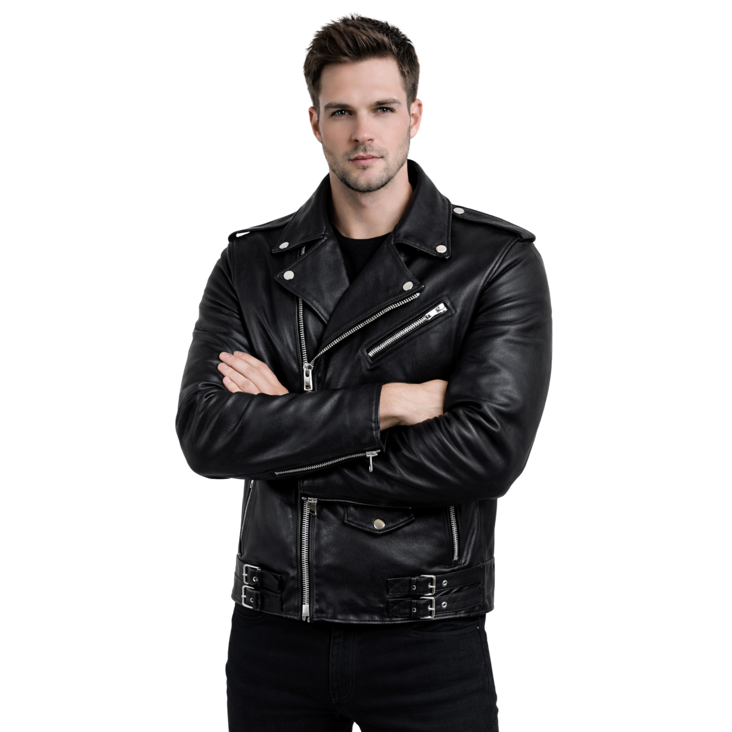 Mens Black Cowhide Leather Biker Jacket - Asymmetric Moto Style