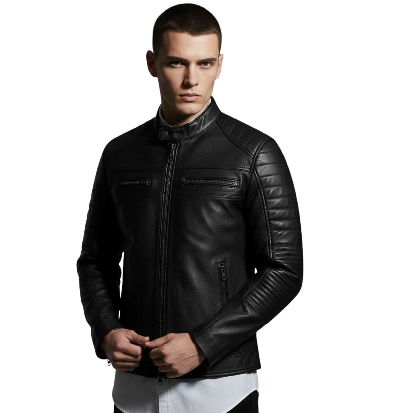 Men's Black Leather Slim Fit Moto Biker Jacket with Quilted Shoulders