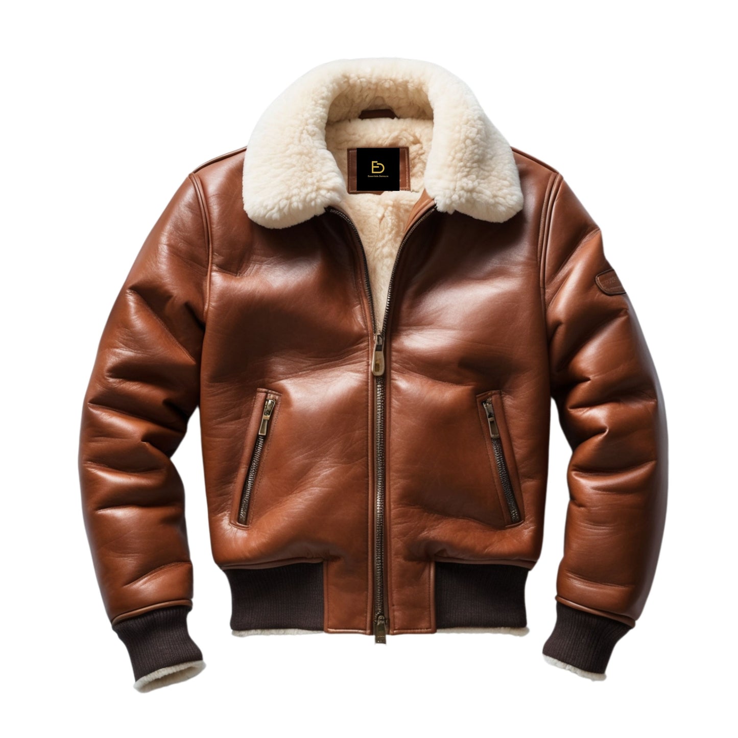Brown Real Leather Bomber Jacket with Shearling Collar, Zipper Pockets, Cold Weather Style