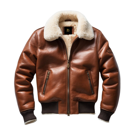 Brown Real Leather Bomber Jacket with Shearling Collar, Zipper Pockets, Cold Weather Style