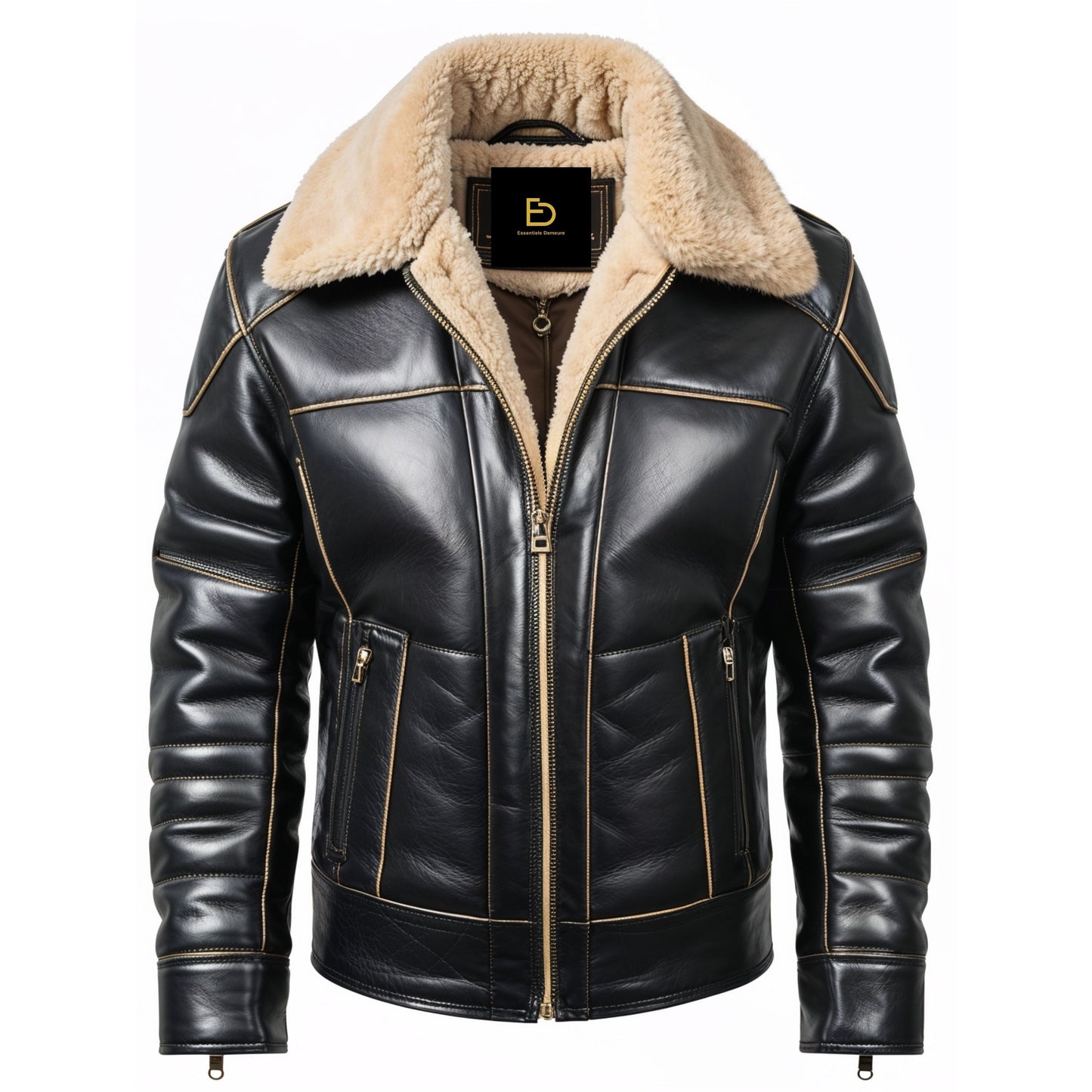 Men's Black Leather Aviator Jacket with Shearling Collar, Vintage Pilot Style