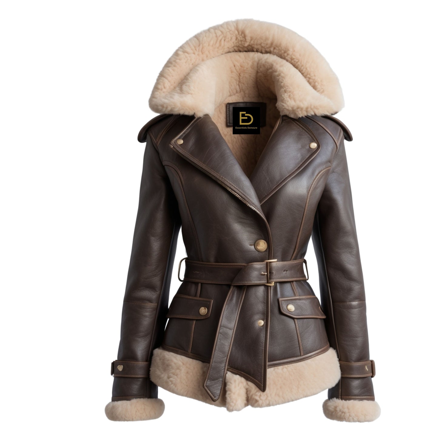 Women's Dark Brown Leather Shearling Aviator Biker Jacket with Cream Fur Collar
