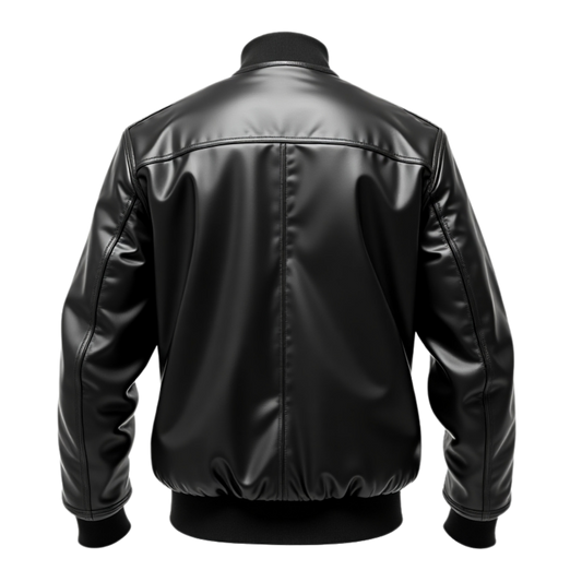 Black Real Leather Bomber Jacket Clean Front Minimalist Design Slim Fit Zipper Pockets Modern Casual Style