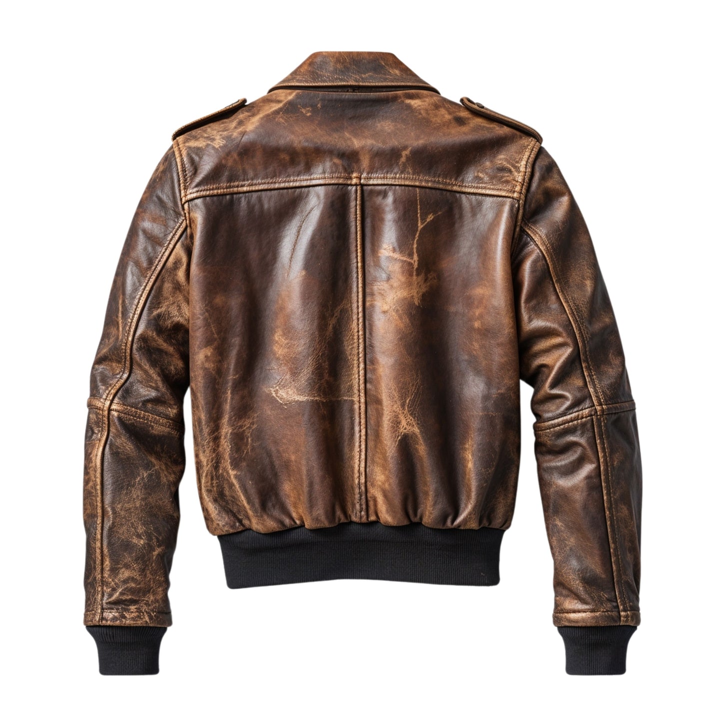 Vintage Brown Distressed Leather Bomber Jacket Classic Zip Front Multiple Pockets Timeless Rugged Style