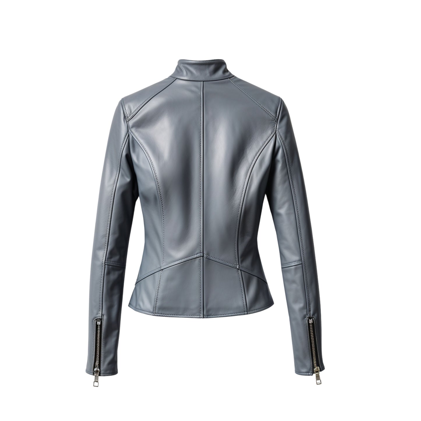 Women's Gray Real Leather Cafe Racer Jacket with Stand Collar, Asymmetrical Pockets