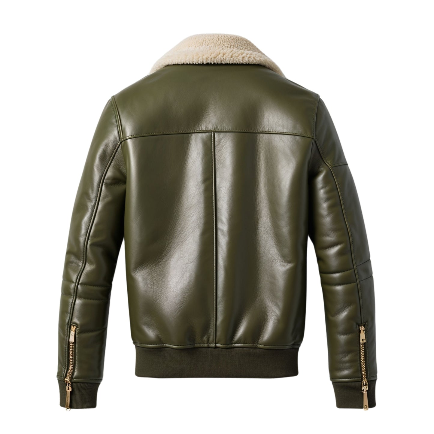 Men's Green Leather Bomber Jacket with Shearling Collar – Classic Winter Style