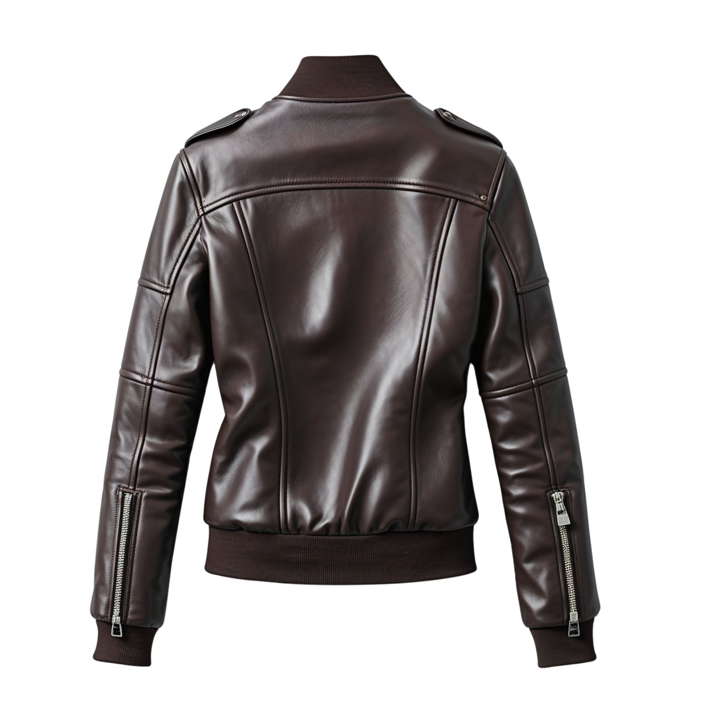 Women's Dark Brown Real Leather Bomber Jacket – Zip Front Ribbed Trim Casual Urban Wear