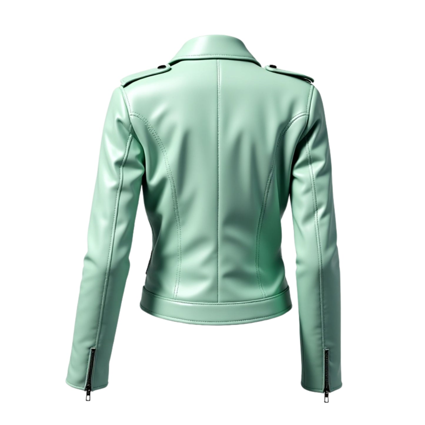 Mint Green Leather Biker Jacket: Belted Moto Style, Fitted Waist Zipper Pockets