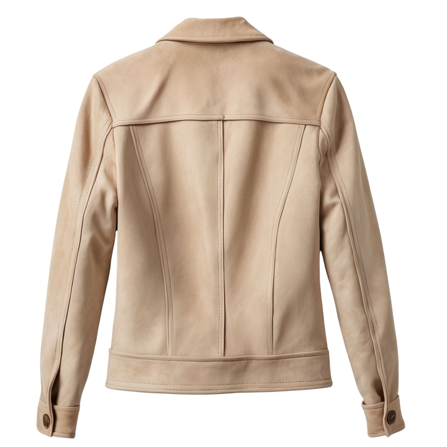 Womens Real Suede Leather Trucker Jacket Beige Button Front Collared Slim Fit Casual Outerwear