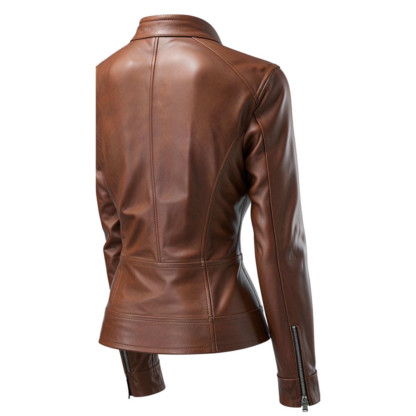 Womens Brown Leather Moto Jacket: Stand Collar Zip Front Slim Fit Coat