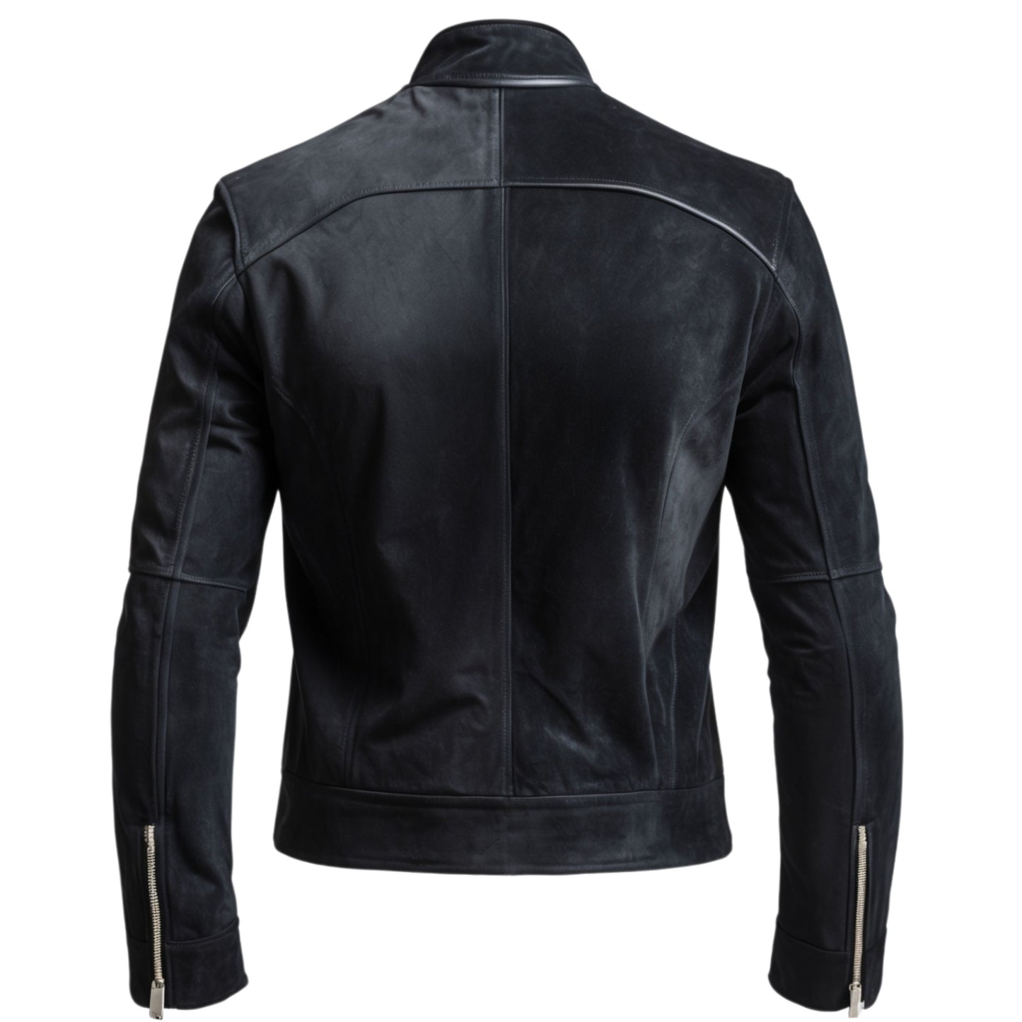 Men's Black Real Leather Motorcycle Jacket with Zipper Details, Stand-Up Collar