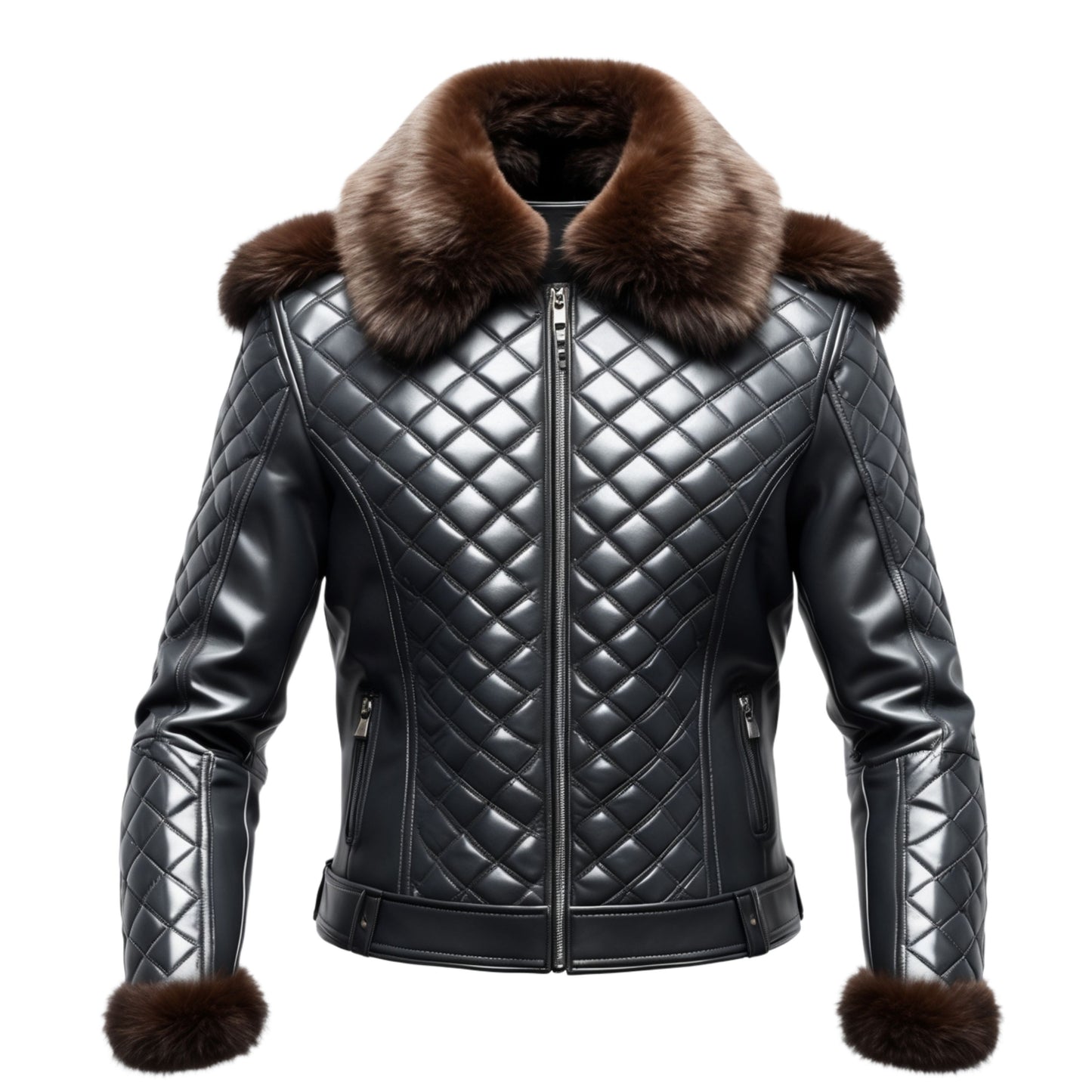 Black Quilted Leather Bomber Jacket with Brown Fur Collar and Cuffs