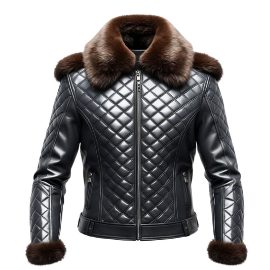 Black Quilted Leather Bomber Jacket with Brown Fur Collar and Cuffs