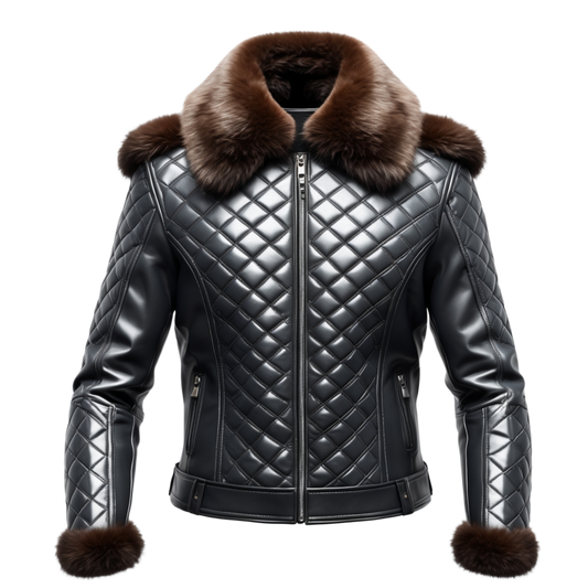 Black Quilted Real Leather Jacket Plush Brown Fur Collar Cuffs Heavy Duty Bomber Aviator Winter Outerwear