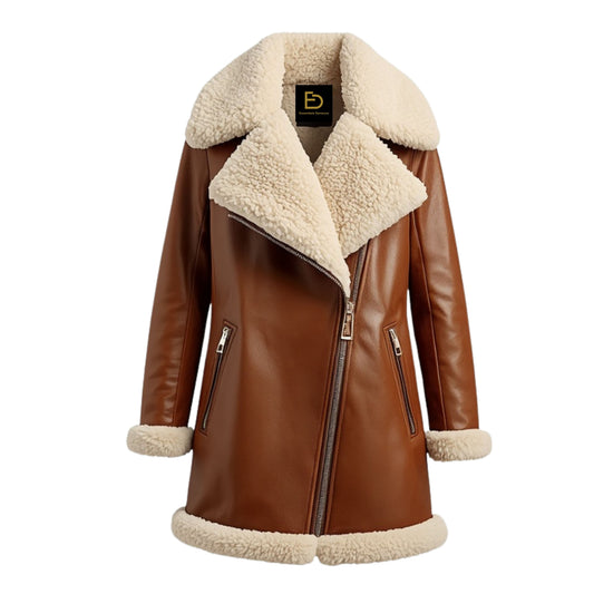 Mens Cognac Brown Leather Shearling Aviator Jacket – Biker Style Warm Outerwear