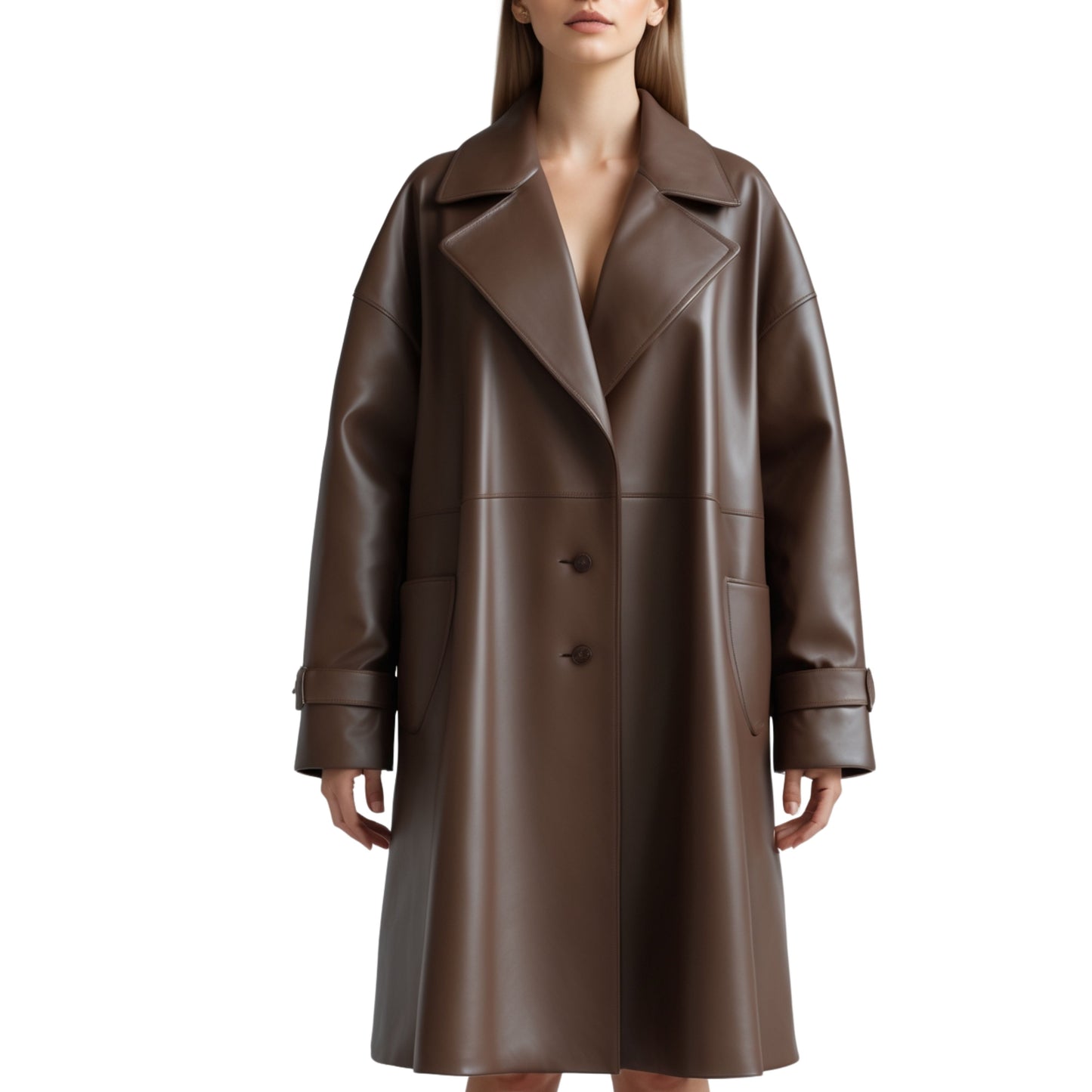 Brown Real Leather Trench Coat: Oversized, Wide Lapel, Elegant Winter Style